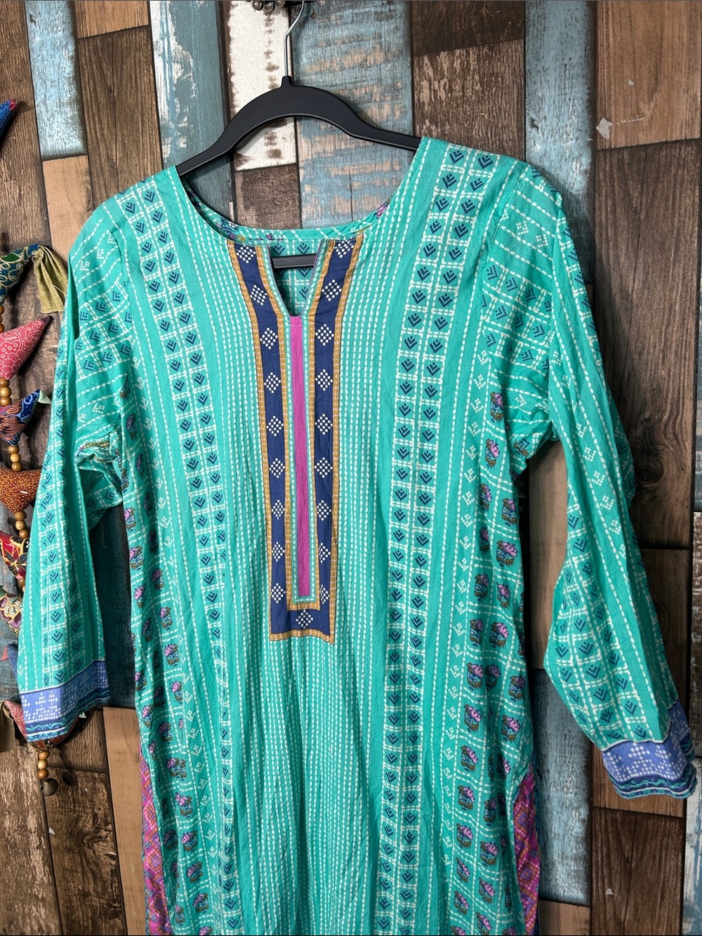 Turquoise Printed Long Sleeve Tunic Dress with Contrast Trim - Picture 2 of 16